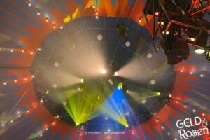 Das Bild zeigt den Blick nach oben in einem Zirkuszelt – als Bildmetapher für Zeitmanagement bzw. Selbstmanagement (Bild: eigenes Material Petra Welz, Geld & Rosen, Düsseldorf).